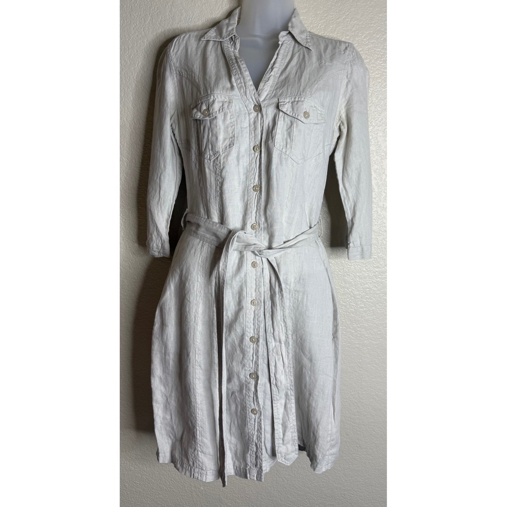 Marks Spencer Women UK 8 US 4 Linen Shirt Dress Stone Belted Utility Pocket Midi